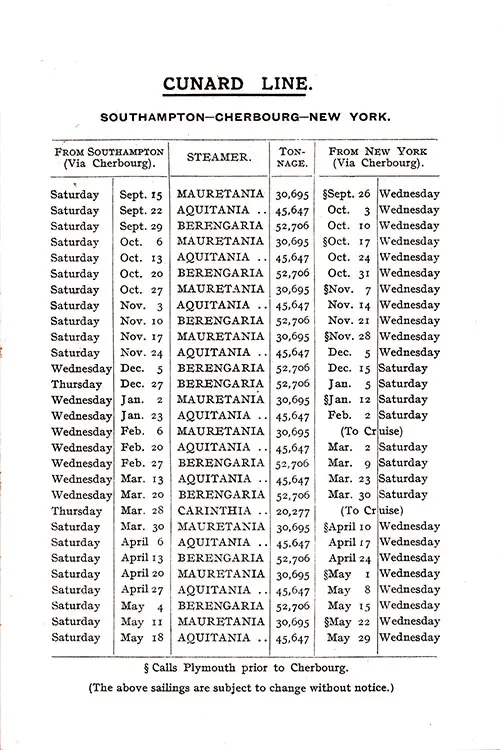 Sailing Schedule, Southampton-Cherbourg-New York, from 15 September 1928 to 29 May 1929.