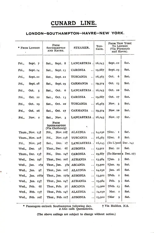 Sailing Schedule, London-Southampton-New York, from 7 September 1928 to 9 March 1929.