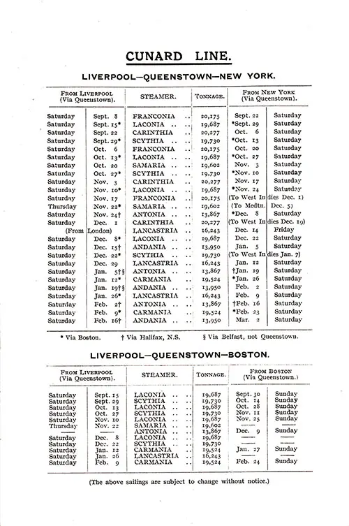 Sailing Schedule, Liverpool-Queenstown (Cobh)-New York or Boston, from 8 September 1928 to 2 March 1929.