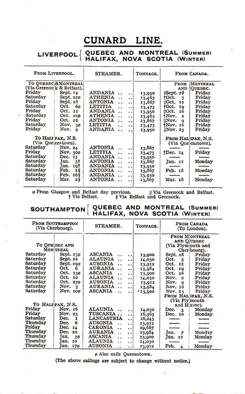 Sailing Schedule, Liverpool or Southampton to Canadian Ports, from 14 September 1928 to 18 March 1929.