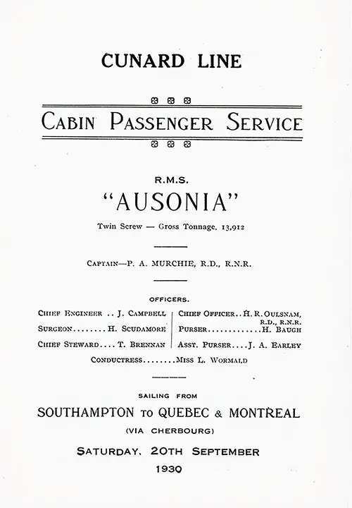 Title Page, RMS Ausonia Cabin Class Passenger List, 20 September 1930.