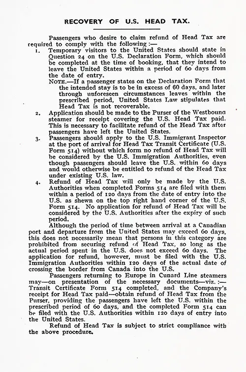 Recovery of U.S. Head Tax. RMS Ausonia Passenger List, 4 June 1932.