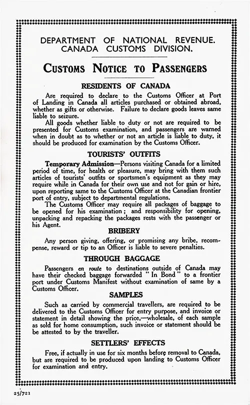 Form 25/721 Customs Notice to Passengers from the Department of National Revenue, Canada Customs Division