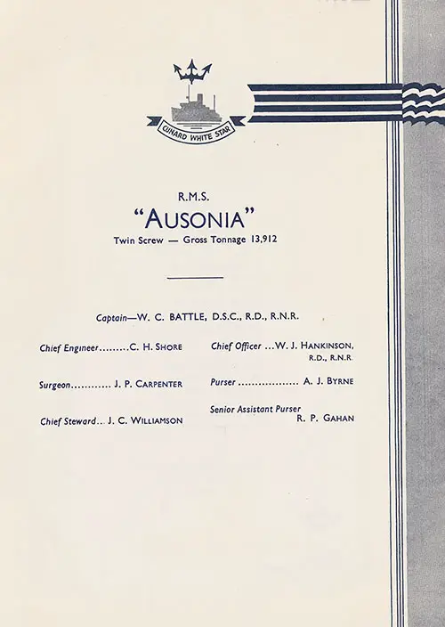 Title Page, RMS Ausonia Cabin Class Passenger List, 7 August 1937.