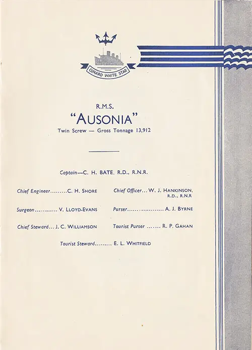 Title Page, RMS Ausonia Cabin and Tourist Class Passenger List, 15 October 1938.