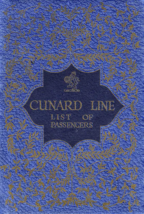 Front Cover of a Saloon Passenger List from the RMS Berengaria of the Cunard Line, Departing Saturday, 15 August 1925 from Southampton to New York via Cherbourg.