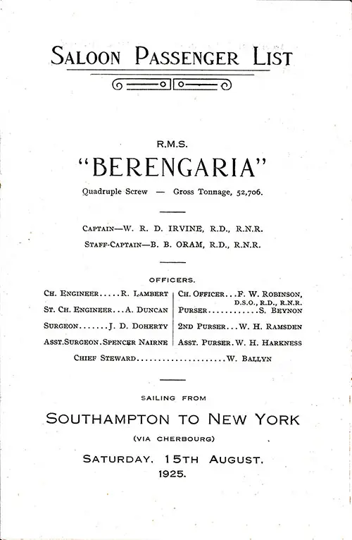 Title Page with Listing of Senior Officers and Staff, RMS Berengaria Saloon Passenger List, 15 August 1925.