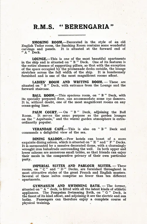 Saloon Class Public Rooms, RMS Berengaria Saloon Passenger List, 15 August 1925.