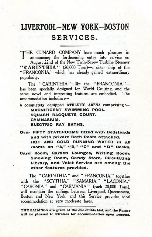 Liverpool-New York-Boston Services of the Cunard Line, 1925.