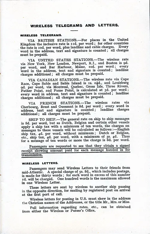 Wireless Telegrams and Letters. RMS Berengaria Saloon Passenger List, 15 August 1925.