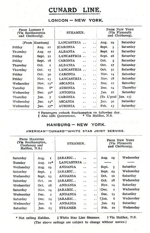Sailing Schedule, London-New York and Hamburg-New York, from 1 August 1925 to 13 February 1926.