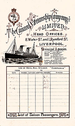 Front Cover of a Saloon Passenger List from the RMS Campania of the Cunard Line, Departing 7 May 1898 from Liverpool to New York.