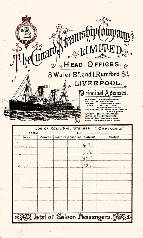 Front Cover of a Saloon Passenger List from the RMS Campania of the Cunard Line, Departing 7 May 1898 from Liverpool to New York.