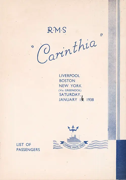 Title Page, RMS Carinthia Cabin and Tourist Class Passenger List, 15 January 1938 (or 16th).
