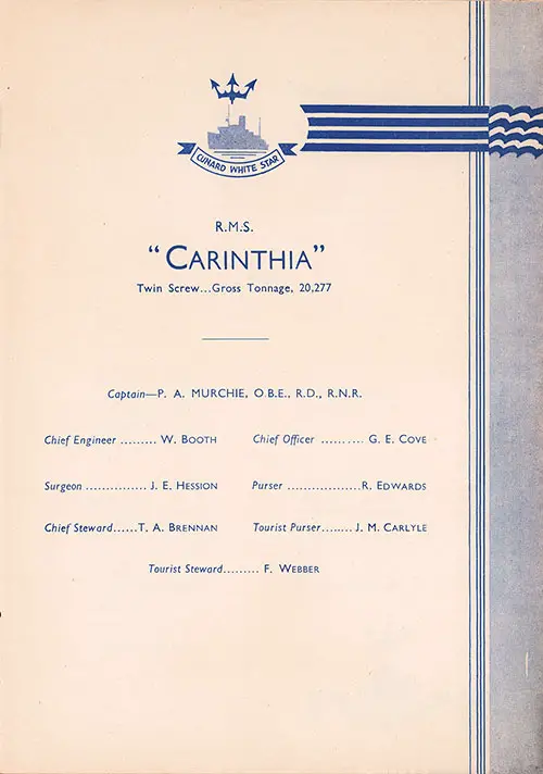 List of Officers, RMS Carinthia Cabin and Tourist Class Passenger List, 15 January 1938.