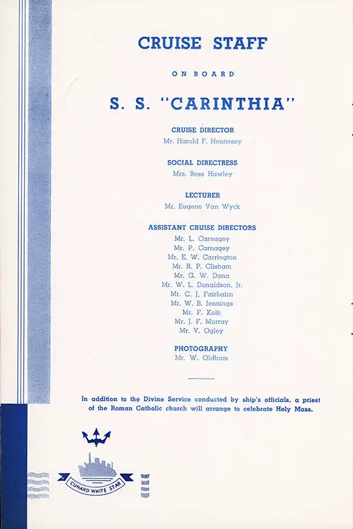 Cruise Staff, SS Carinthia Cruise Passenger List, 25 July 1939.