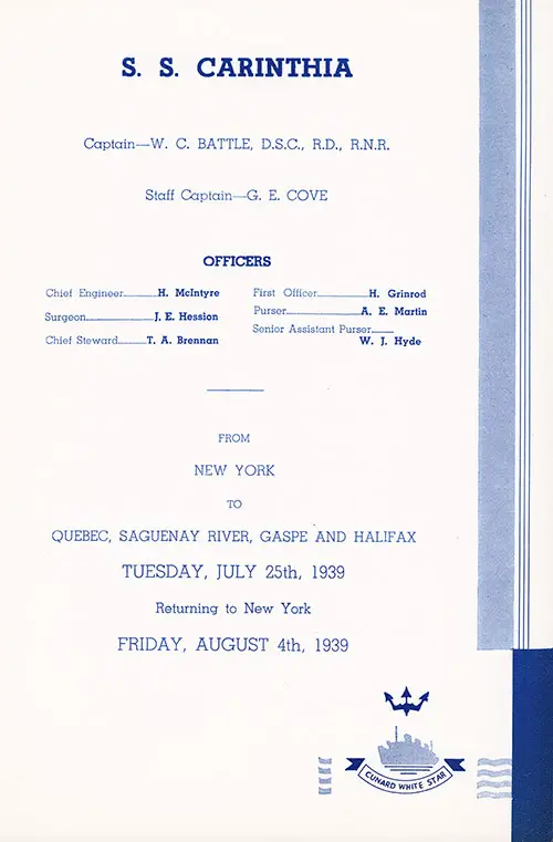 List of Senior Officers, SS Carinthia Cruise Passenger List, 25 July 1939.