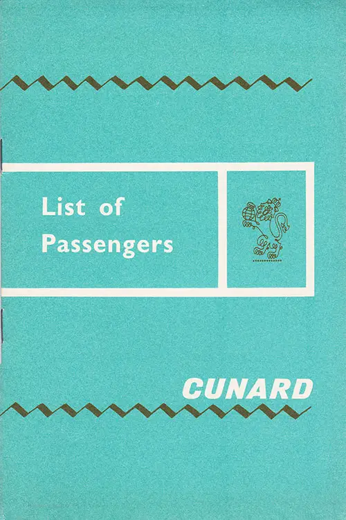 Front Cover of a Tourist Class Passenger List from the RMS Carinthia of the Cunard Line, Departing 8 February 1966 from Liverpool to New York.