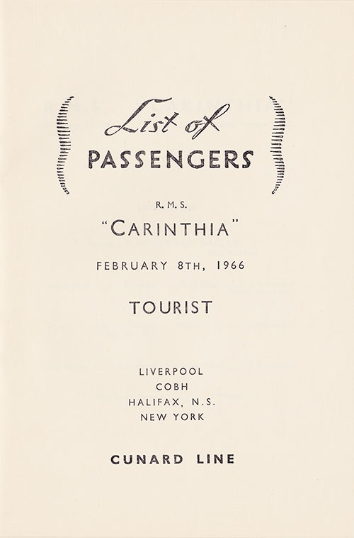 Title Page, RMS Carinthia Tourist Class Passenger List, 8 February 1966.