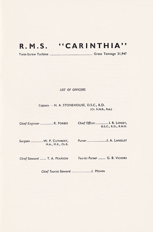 List of Senior Officers and Staff, RMS Carinthia Tourist Class Passenger List, 8 February 1966.