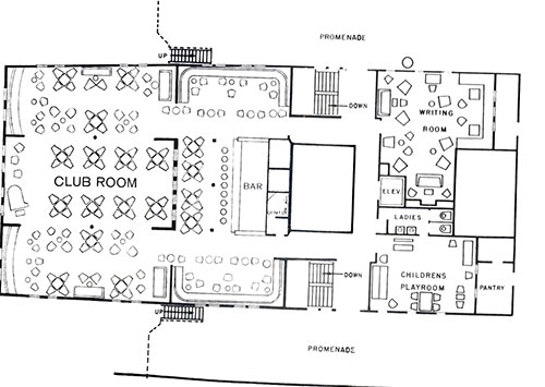 Tourist Class Deck Plan Showing Club Room/Bar, Writing Room, and Children's Playroom.