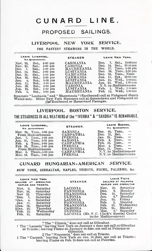 Proposed Sailings Liverpool-New York Service, Liverpool-Boston Service, and Hungarian-American Service from 9 November 1912 to 11 March 1913.
