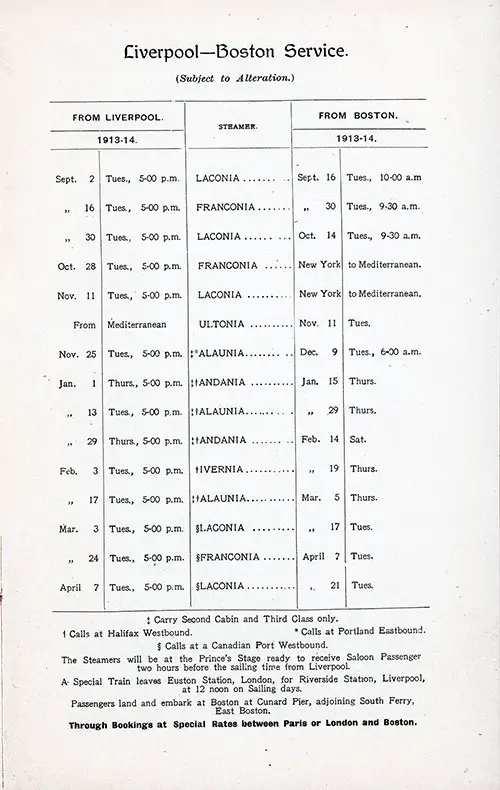 Cunard Liverpool-Boston Service from 2 September 1913 to 21 April 1914.