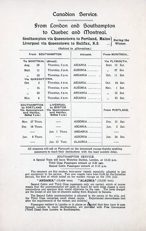 Cunard Canadian Service from 26 August 1913 to 24 January 1914.