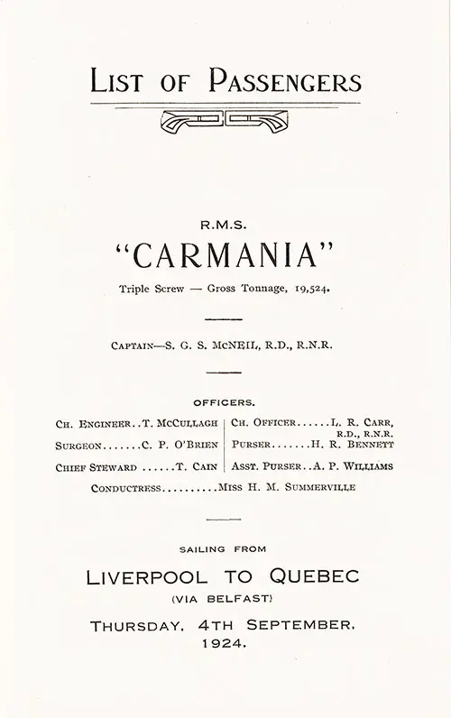 Title Page, RMS Carmania Cabin Passenger List, 4 September 1924.