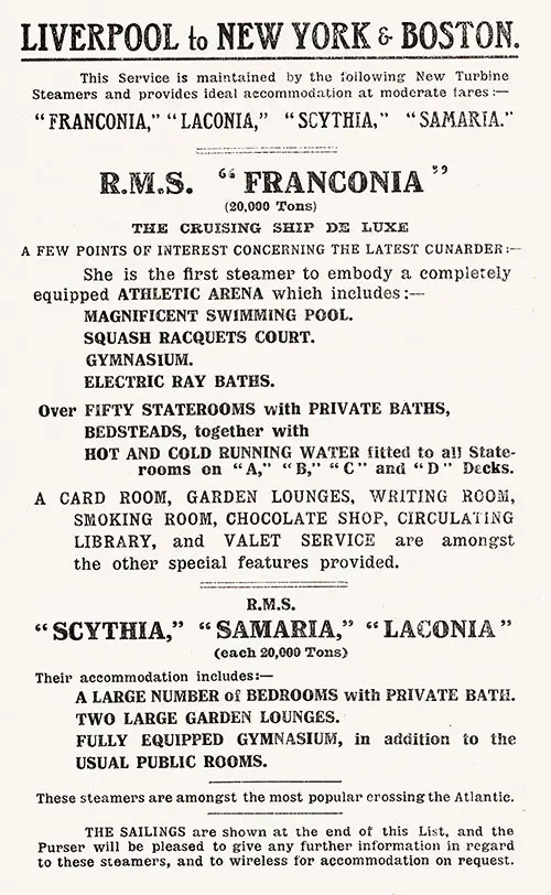 Cunard Line Service from Liverpool to New York and Boston, 1924.