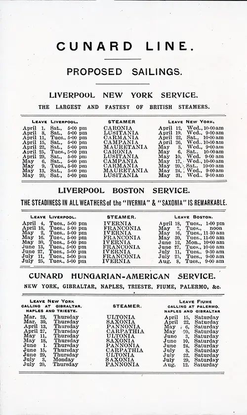 Proposed Sailings, Liverpool-New York Service, Liverpool-Boston Service, and Hugarian-American Service from 23 March 1911.