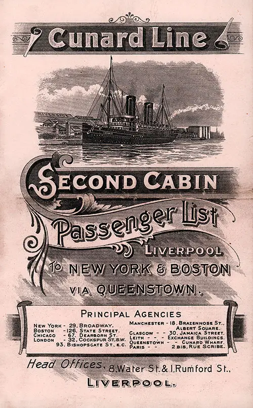 Front Cover of a Second Cabin Passenger List for the RMS Etruria of the Cunard Line, Departing Saturday, 11 June 1904 from Liverpool to New York and Boston via Queenstown (Cobh).