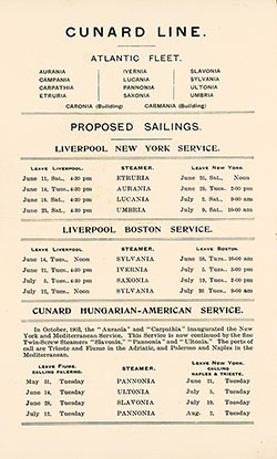 Sailing Schedule, Liverpool-New York Service, Liverpool-Boston Service, and Hungarian-American Service, from 31 May 1904 to 2 August 1904.