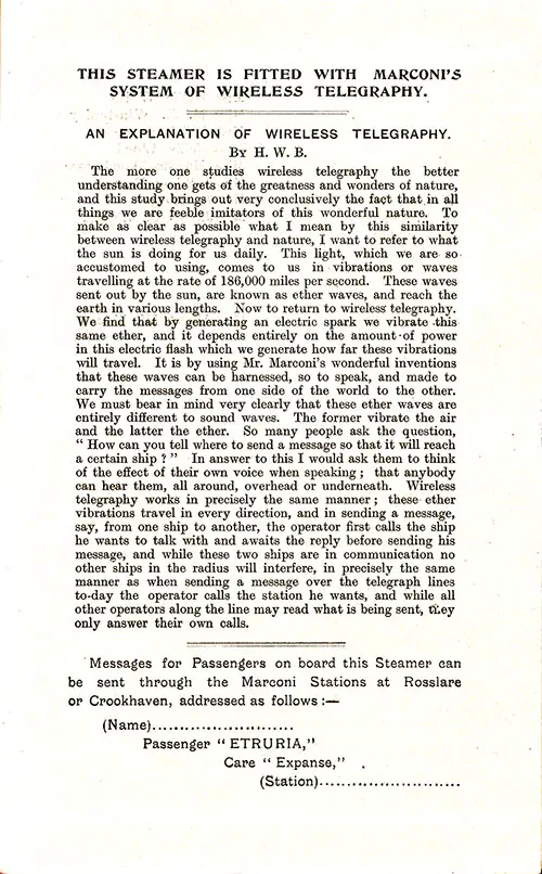 An Explanation of Wireless Telegraphy By H. W. B. of the Cunard Line. RMS Etruria Passenger List, 11 June 1904.