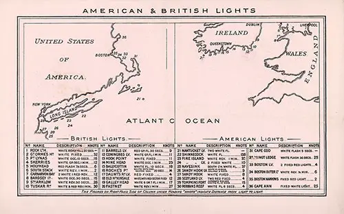 American and British Lights, Map of the Atlantic Ocean. Back Cover of RMS Etruria Passenger List, 11 June 1904.