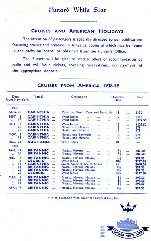 Cunard White Star Cruises from America, 1938-1939.