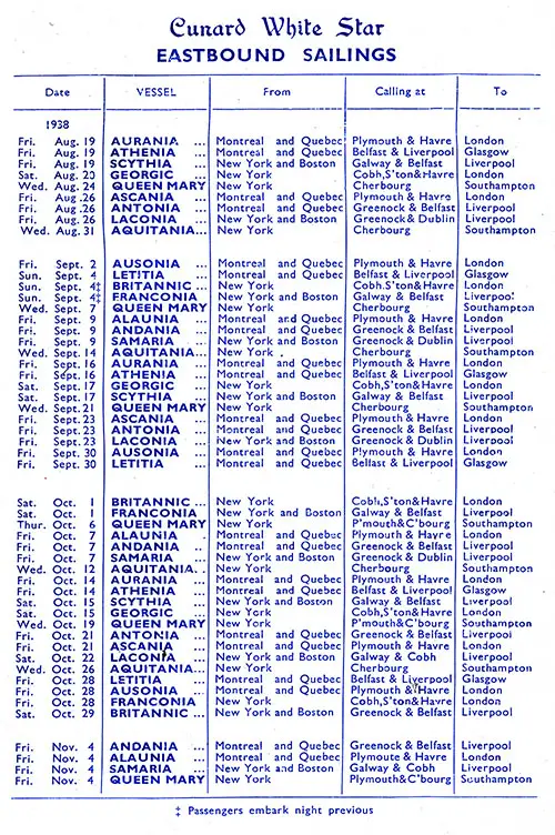 Eastbound Sailing Schedule, from Boston, Montreal, New York, Quebec to Glasgow, Liverpool, London, Southampton, from 19 August 1938 to 4 November 1938.