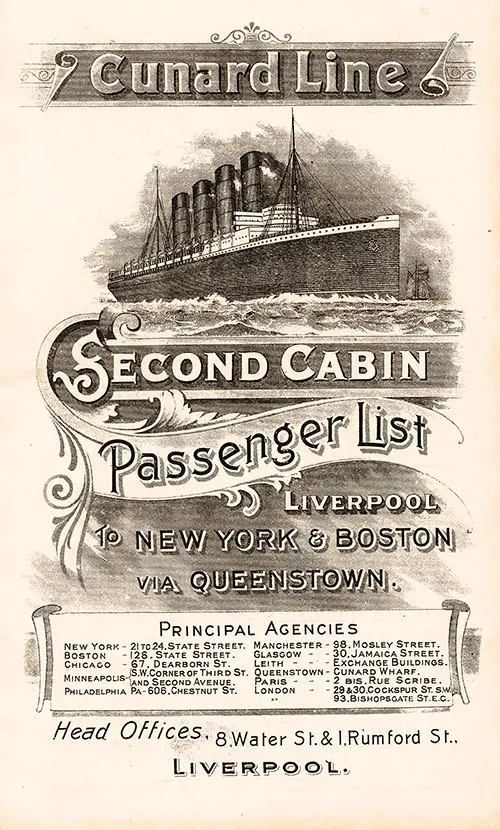 Passenger List, Cunard Line Ivernia 1909 Liverpool To Boston