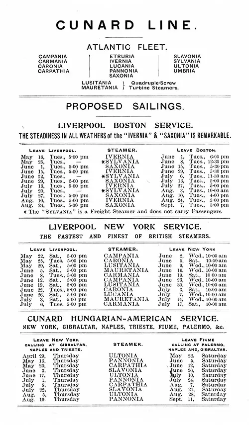 Proposed Sailings, Liverpool-Boston Service, Liverpool-New York Service, and Hungarian-American Service Covering 18 May 1909 to 11 September 1909.