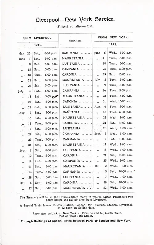 Cunard Sailing Schedule, Liverpool-New York Service, 25 May 1912 to 23 October 1912.