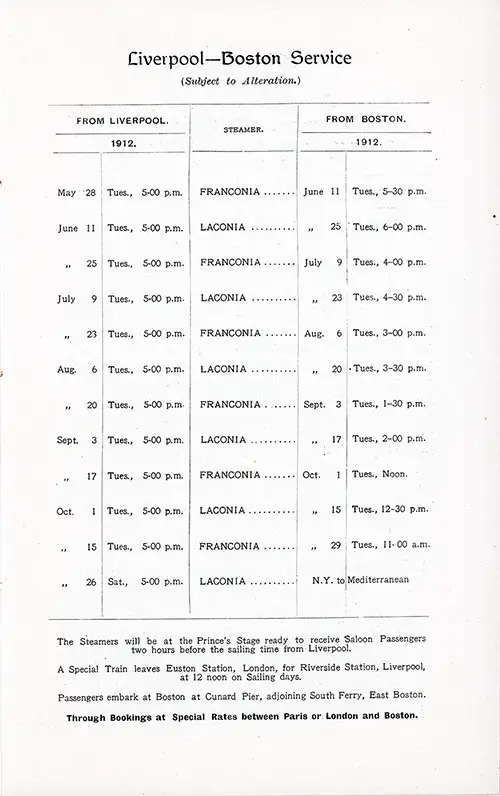 Cunard Sailing Schedule, Liverpool-Boston Service, 28 May 1912 to 29 October 1912.