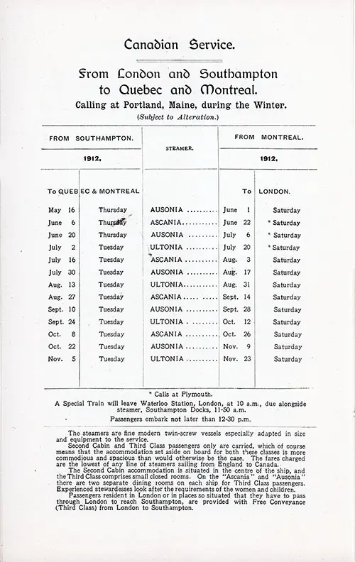 Cunard Sailing Schedule. Canadian Serrvice. London-Quebec-Montreal. From 16 May 1912 to 23 November 1912.