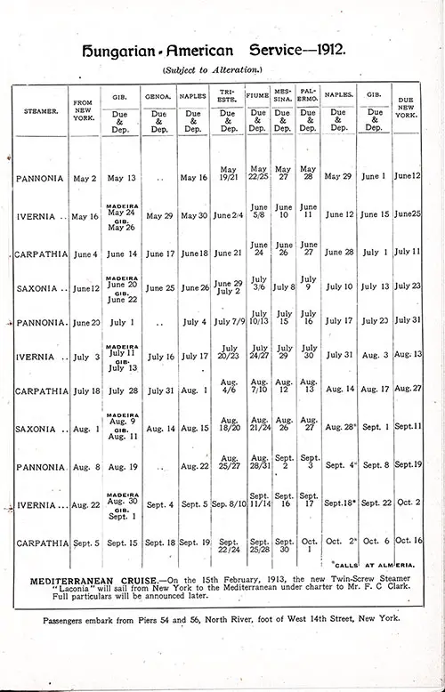 Cunard Sailing Schedule, Hungarian-American Service, from 2 May 1912 to 16 October 1912.