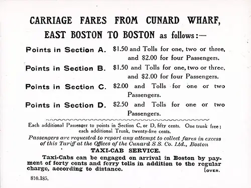 Carriage Fares From Cunard Wharf, East Boston to Boston.