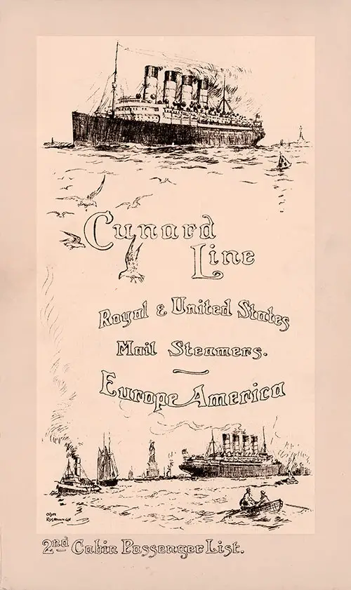 Front Cover of a Second Cabin Passenger List for the RMS Laconia of the Cunard Line, Departing 1 October 1912 from Liverpool to Boston