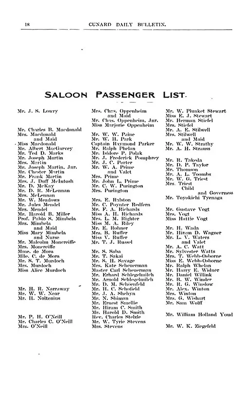 Part Two of the Saloon Passenger List for the SS Lusitania, 31 March 1909.