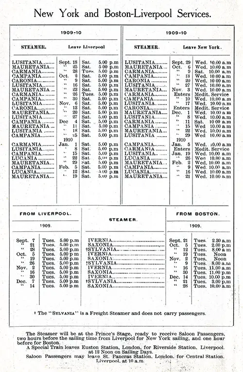 Sailing Schedule, New York and Boston-Liverpool, from 7 September 1909 to 21 February 1910.