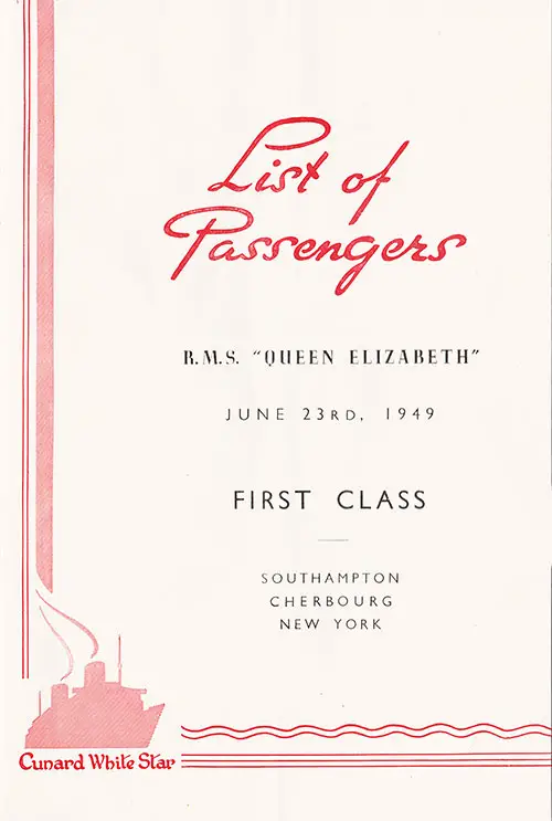 Title Page, RMS Queen Elizabeth FIrst Class Passenger List, 23 June 1949.