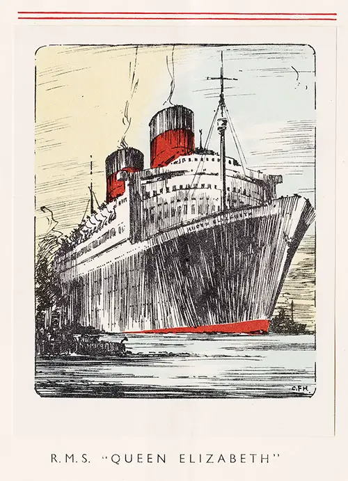 Sketch of the RMS Queen Elizabeth, First Class Passenger List from 23 June 1949.