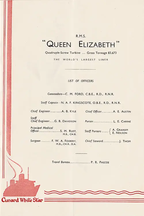 List of Officers, RMS Queen Elizabeth First Class Passenger List, 23 June 1949.